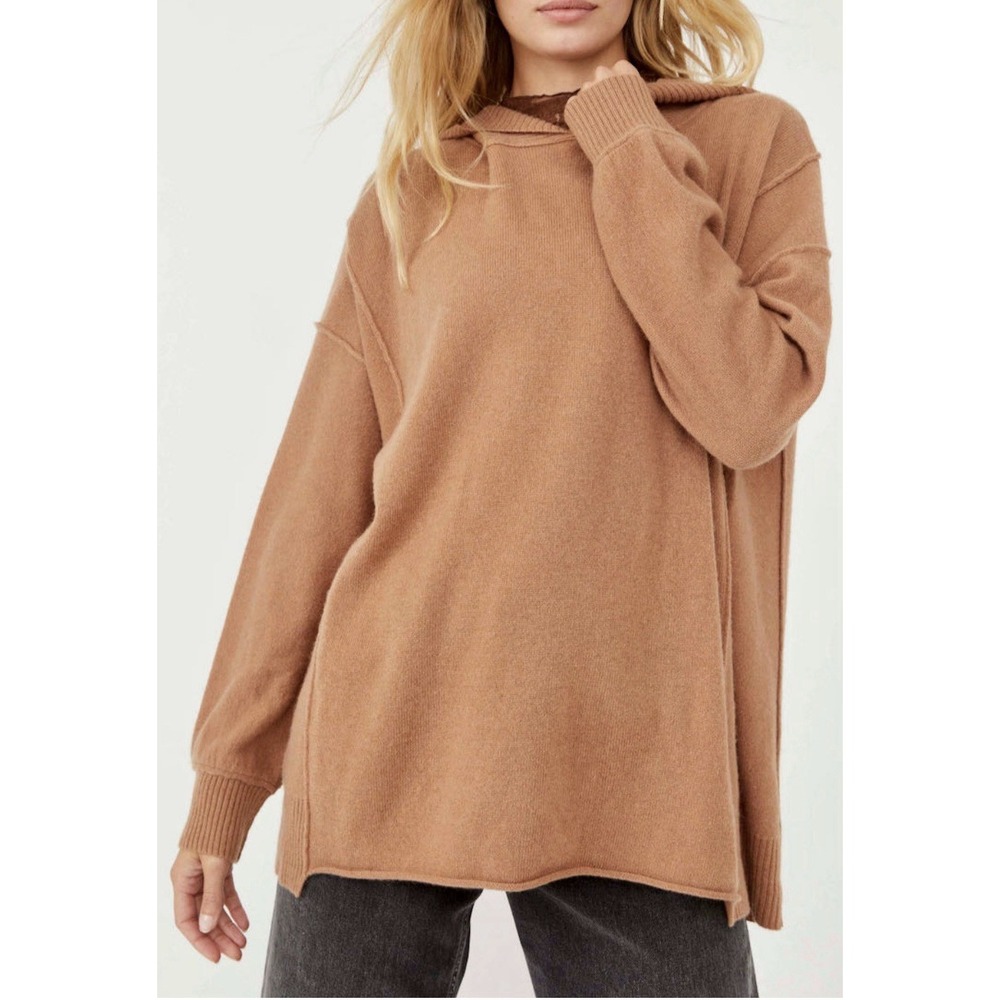 Free People Pure Cashmere Boyfriend Hoodie Sweater Sahara Sand Brown Sz XS